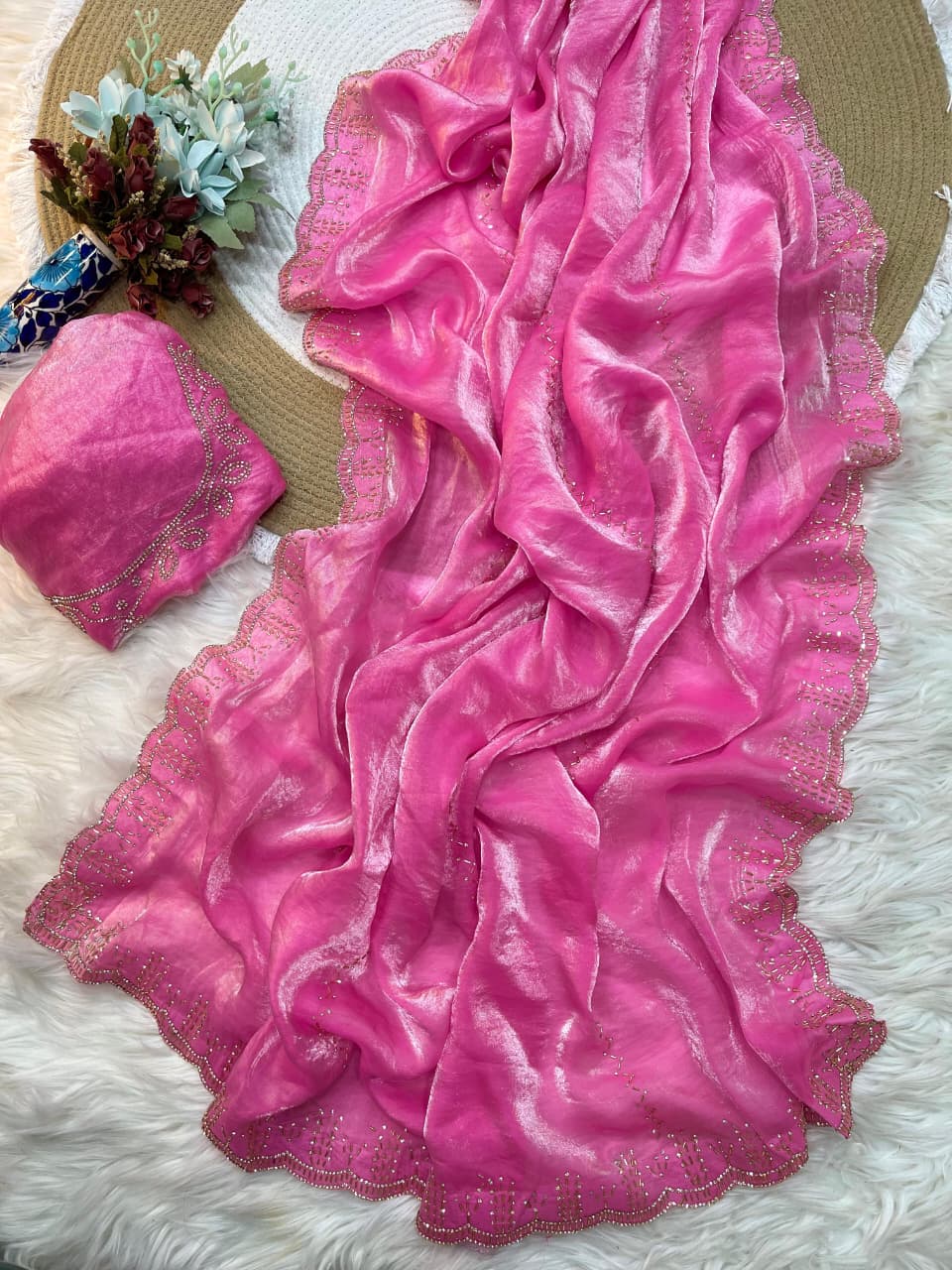 Rupali Pink Space Silk Saree with Hand Jharkhand Cutdana Border & Designer Blouse