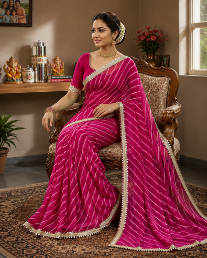 Georgette Leheriya Saree with Mirror Lace Border & Unstitched Blouse | Designer Party Wear Saree