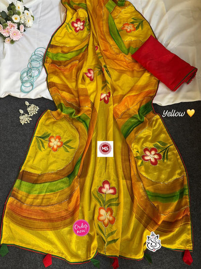 Elegant Floral Printed Soft Silk Saree with Multi Color Border