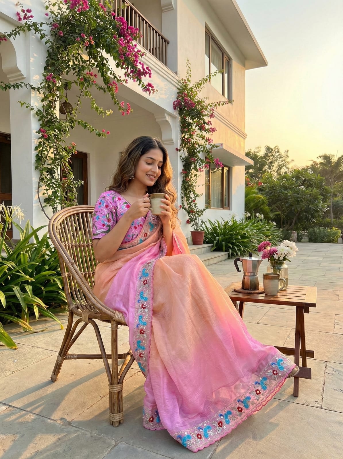 Candy Crush Embroidery Border Saree with Stitched Blouse