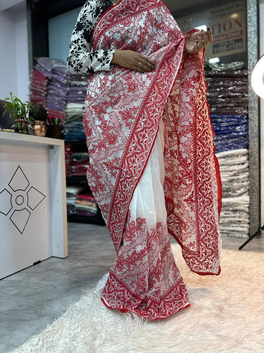 White Red Crush Silk Embroidery Saree