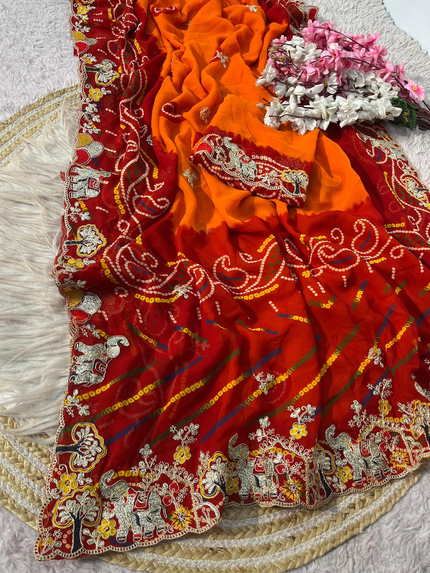 Premium Bandhani Peliya Saree with Heavy Multi Coding C-Pallu Work | Designer Party Wear Saree
