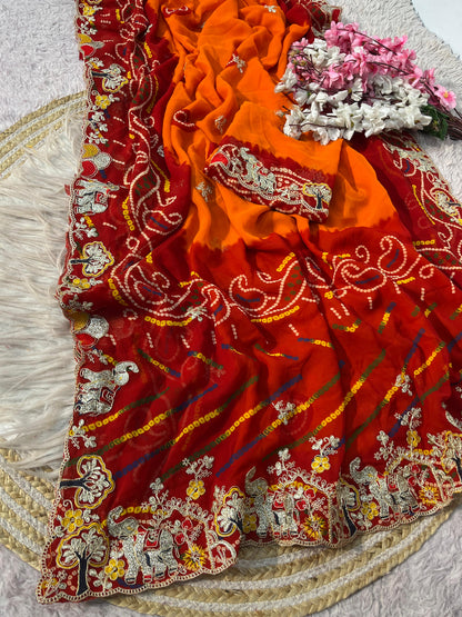 Premium Bandhani Peliya Saree with Heavy Multi Coding C-Pallu Work | Designer Party Wear Saree