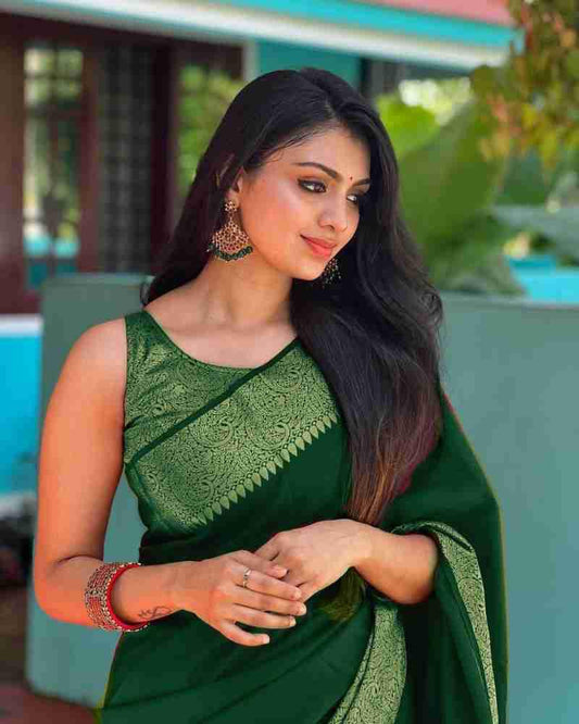 Bottle Green Zari Border Silk Saree