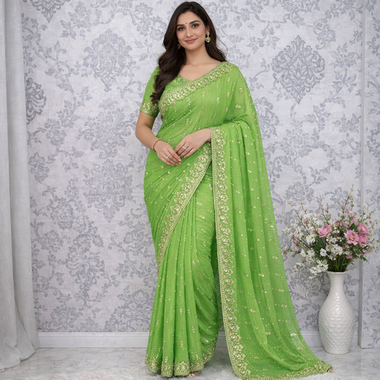 Star Georgette Sequence Embroidery Work Saree with Running Blouse