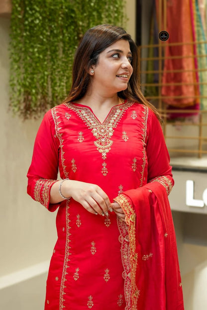 Festival Special Chanderi Embroidered Kurti Set with Dupatta