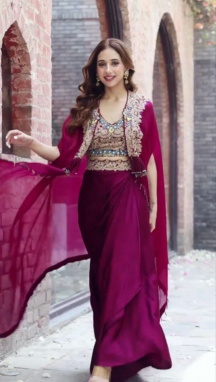 Wine Party Wear Organza Sharara Set with Embroidered Blouse & Stylish Shrug