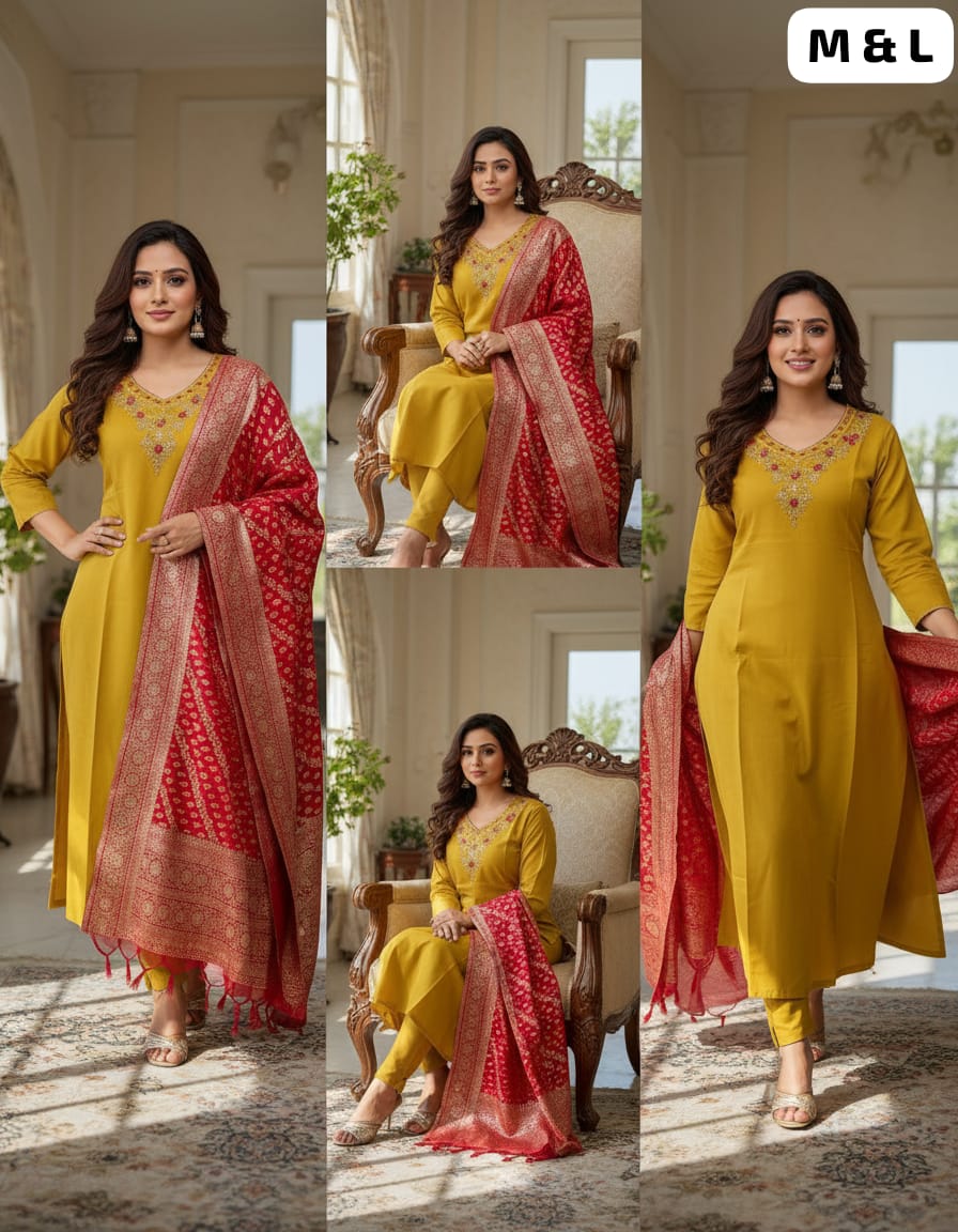 Designer Roman Silk Kurti Pant Set with Heavy Jacquard Dupatta – Festive Wear (Yellow & Red)