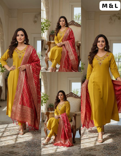 Designer Roman Silk Kurti Pant Set with Heavy Jacquard Dupatta – Festive Wear (Yellow & Red)