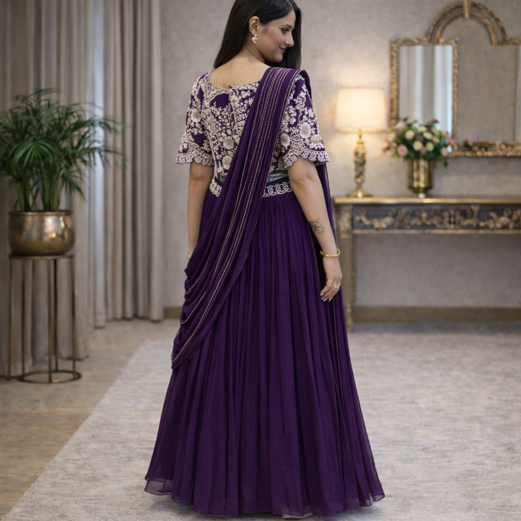 Designer Chinon Embroidery Lehenga Saree with Stitched Blouse & Dupatta