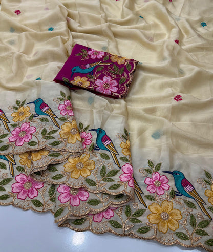 Rangoli Silk Saree with Heavy Floral Work Border & Contrast Designer Blouse