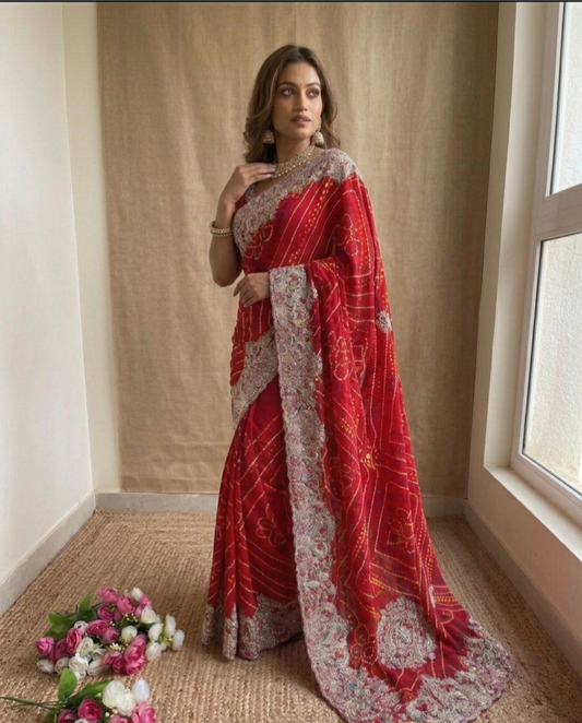 Bandhej Gota Patti Work Saree in Soft Georgette with Heavy Embroidery Border