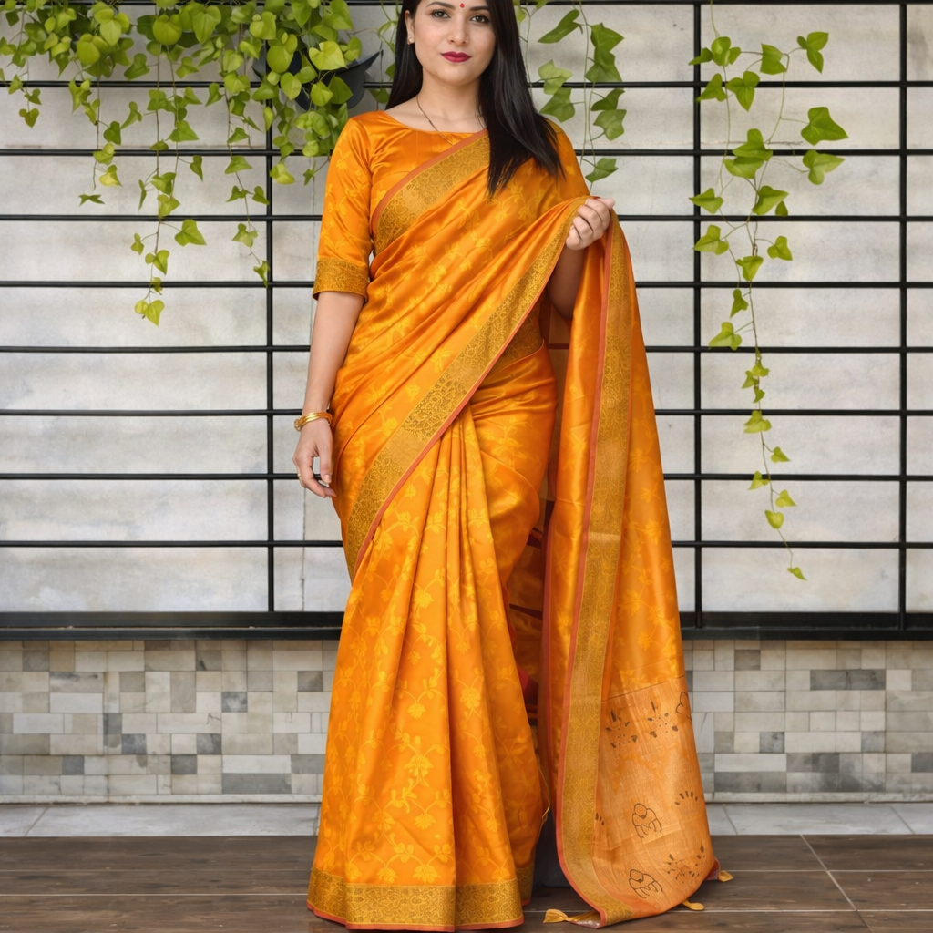 Maheshwari Silk Saree with Copper Golden Jacquard Border & Rich Pallu
