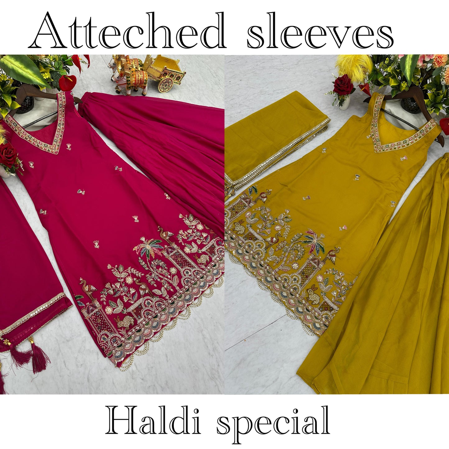 Haldi Special Designer Kurti Plazzo Dupatta Set with Moti & Embroidery Work