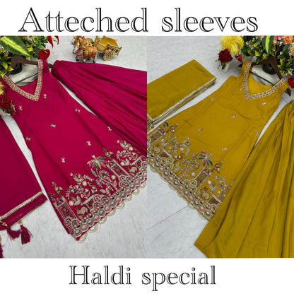 Haldi Special Designer Kurti Plazzo Dupatta Set with Moti & Embroidery Work