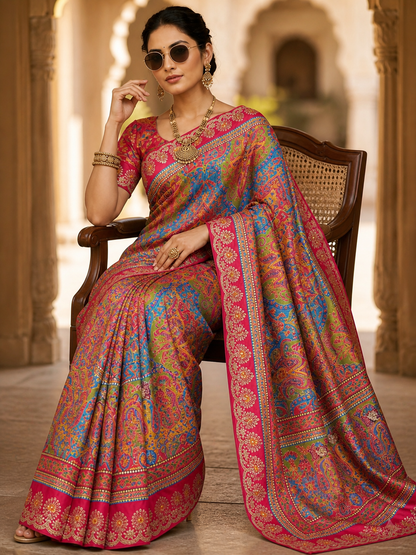 Latest Chinon Digital Print Kalamkari Inspired Saree with Gotapatti Work