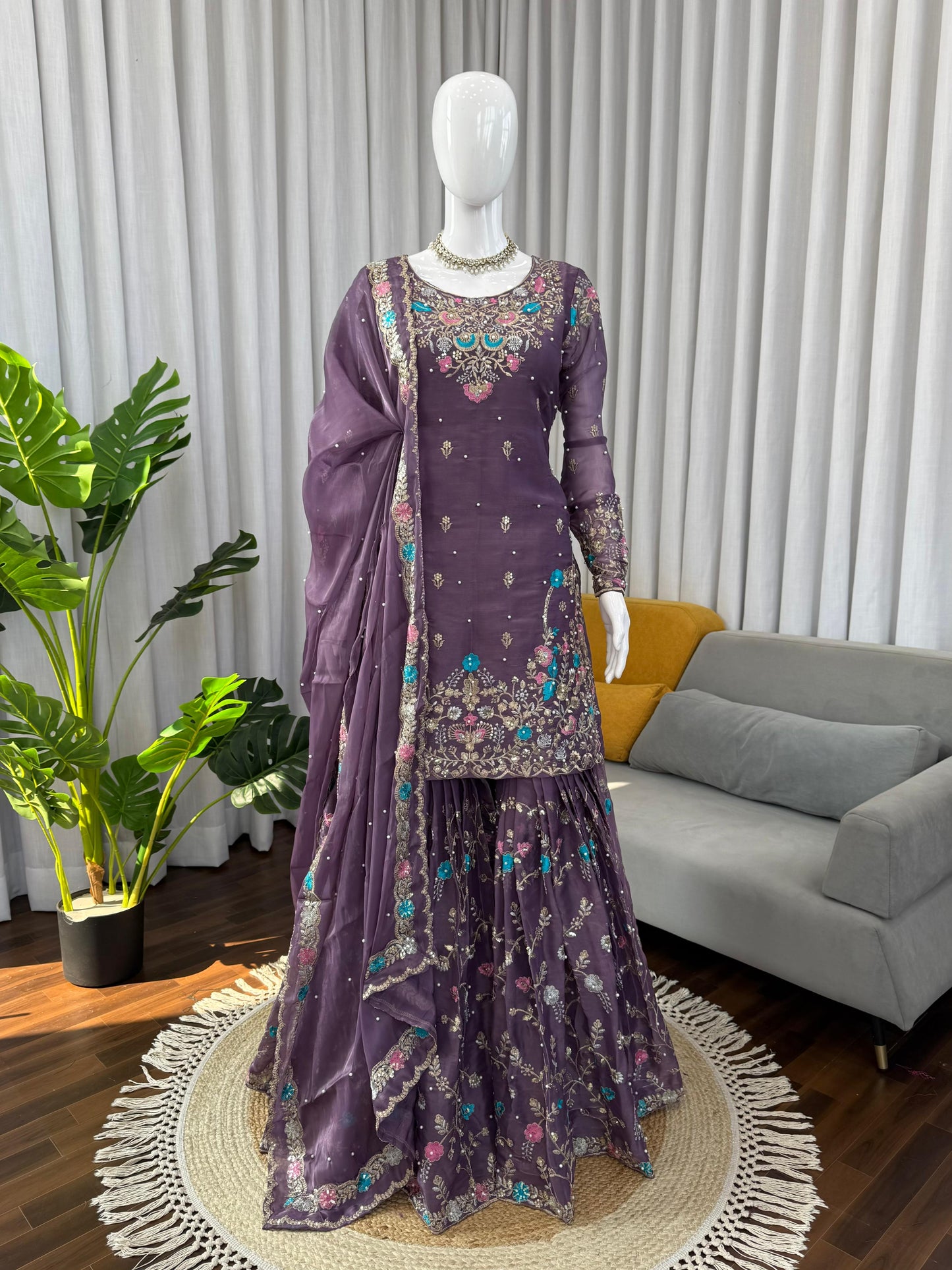 5000 Series Premium JMC Silk Anarkali Sharara Set with Heavy Embroidery & Dupatta