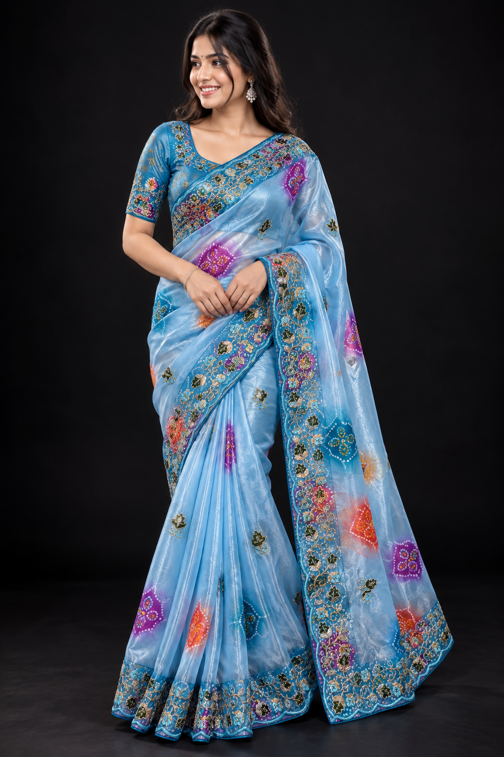 Soft Shine Space Silk Saree with Bandhej Print, C-Pallu Gotafoil Work & Butti