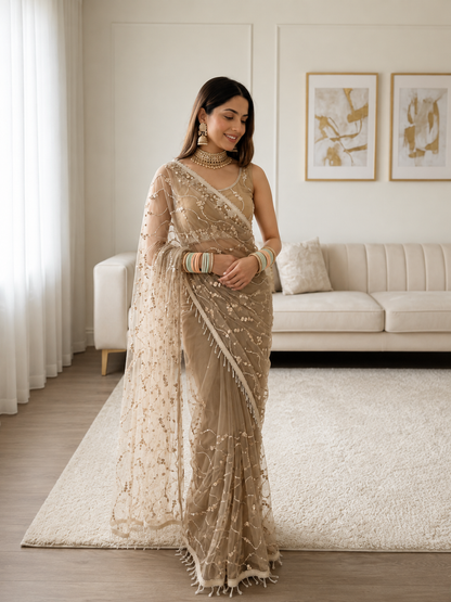 Sufy Premium Butterfly Net Saree with Beads & Moti Sequin Work