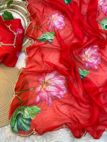 Pure Soft Teby Silk Saree with Digital Floral Print & Moti Cutdana Work Border
