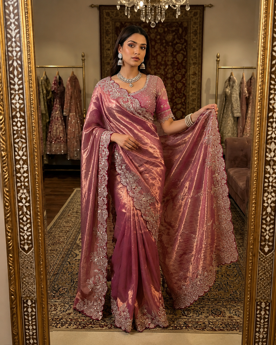 Soft Space Silk Satin Saree With Heavy Embroidery Sequence & Zari Work