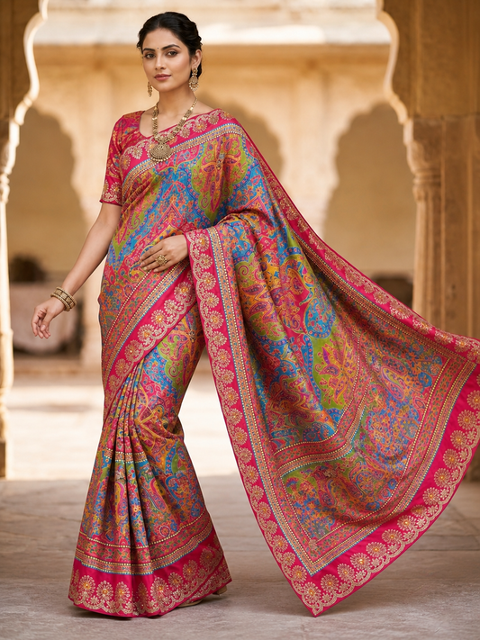 Latest Chinon Digital Print Kalamkari Inspired Saree with Gotapatti Work