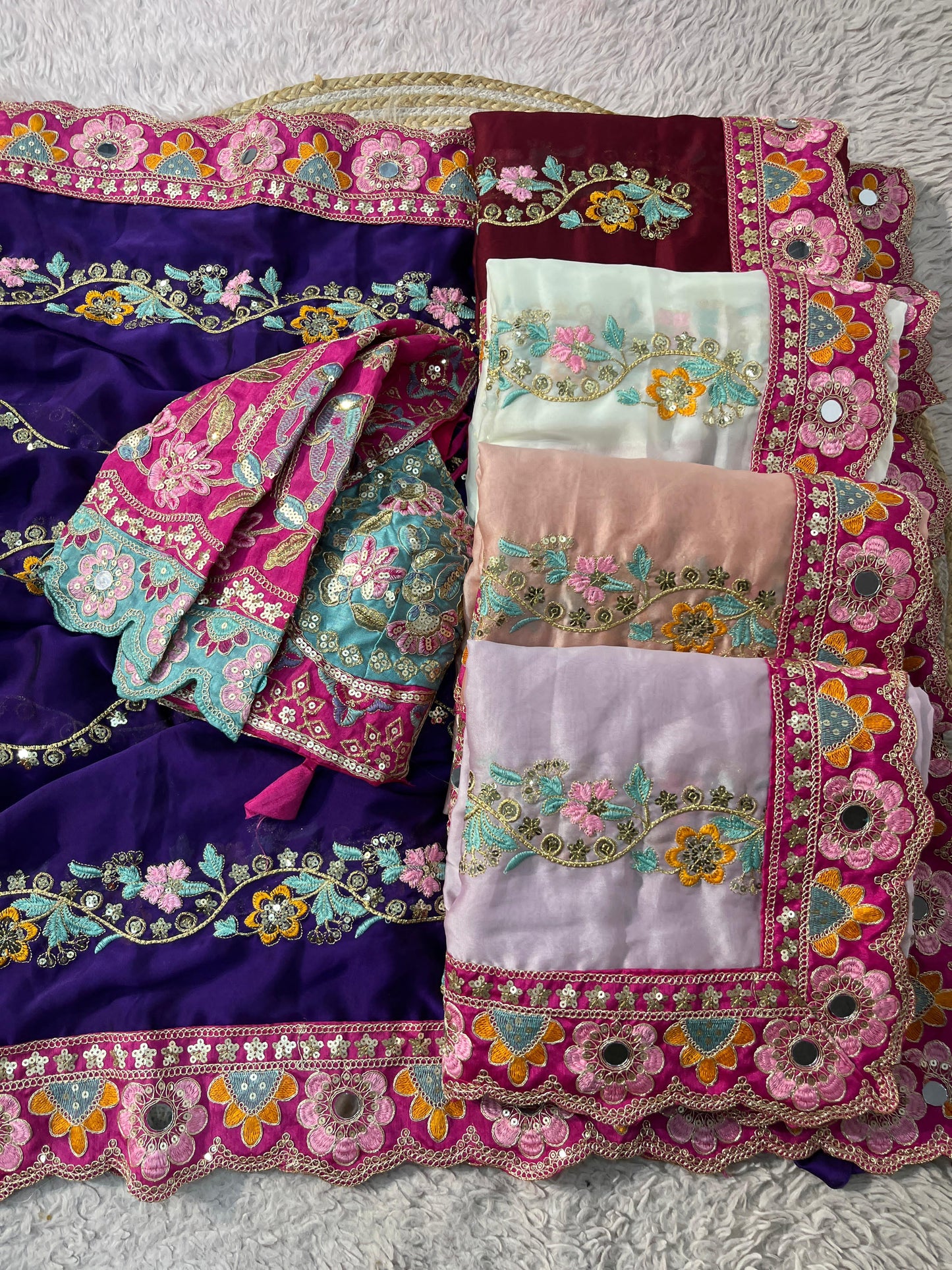 Premium Rangoli Silk Designer Saree with Embroidery & Mirror Work Blouse