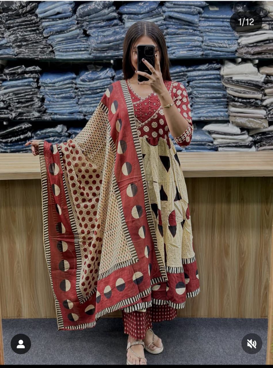 Women's Printed Cotton Anarkali Kurta Pant Dupatta Set with Sequence Work
