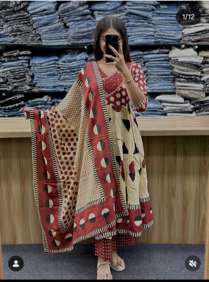 Women's Printed Cotton Anarkali Kurta Pant Dupatta Set with Sequence Work