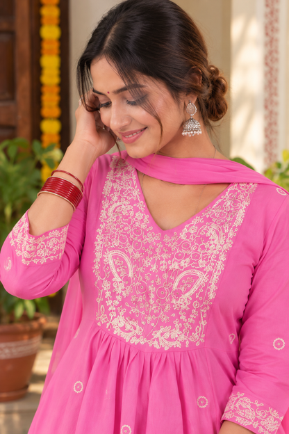 Women’s Mul Chanderi Anarkali Suit Set with Pant & Dupatta | Floral Thread Embroidery | 3 Piece Ethnic Wear