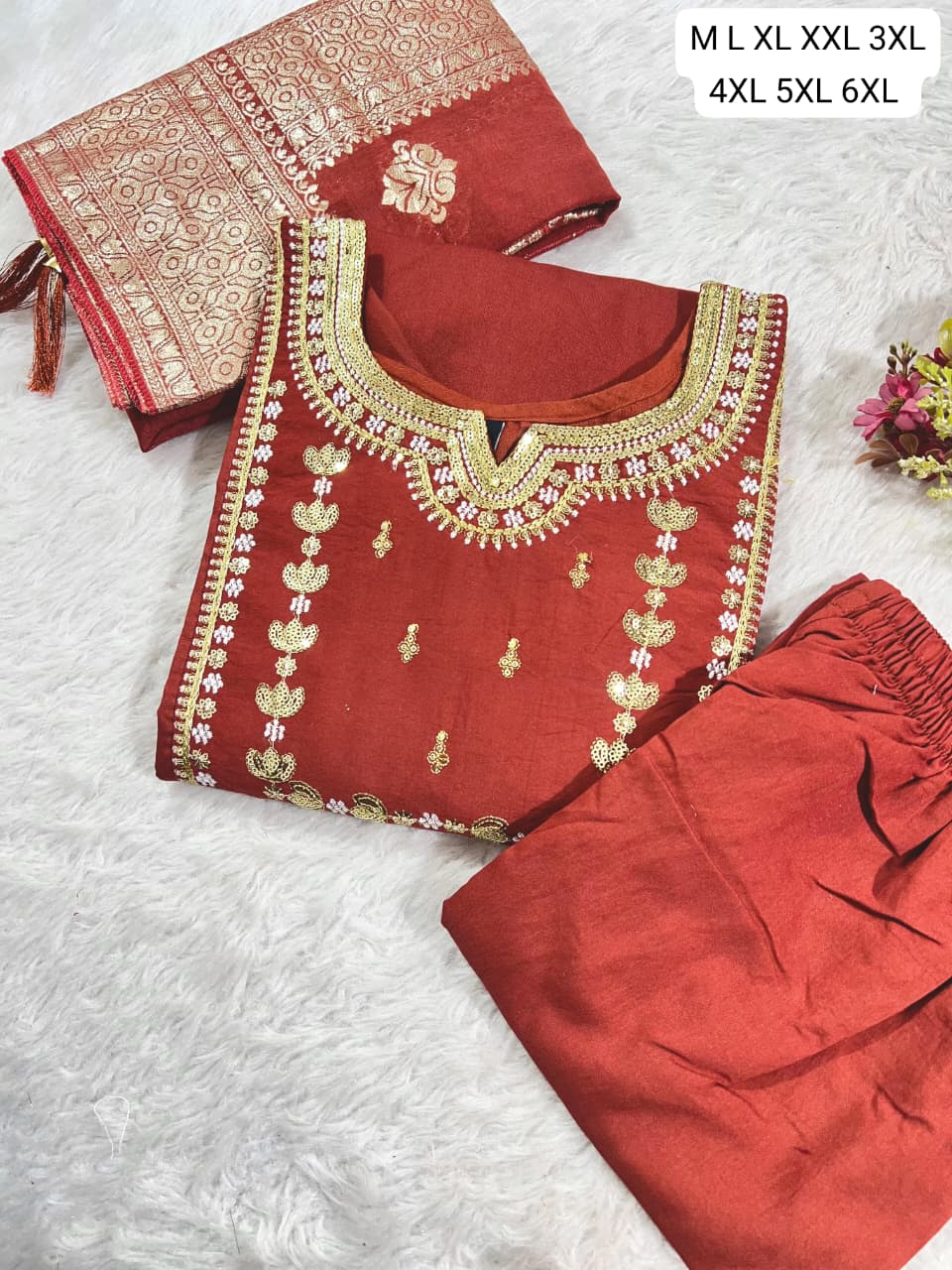 Premium Roman Silk Embroidered Kurti Pant Dupatta Set (M–6XL)