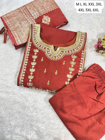 Premium Roman Silk Embroidered Kurti Pant Dupatta Set (M–6XL)