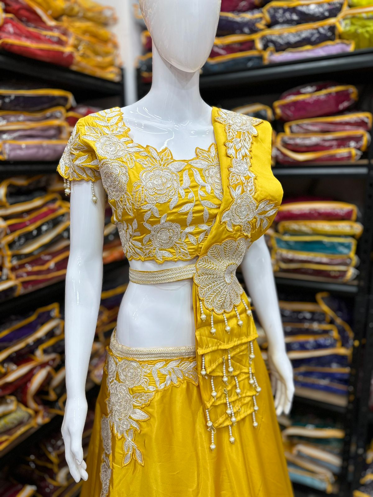 Yellow Royal Satin Embroidery Coding Work Lehenga Choli with Fancy Latkan Dupatta