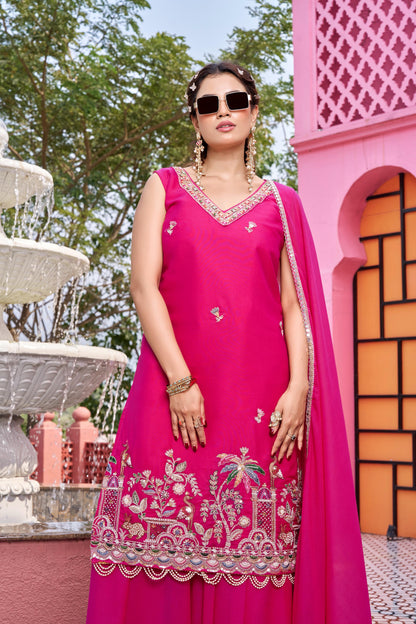 Haldi Special Designer Kurti Plazzo Dupatta Set with Moti & Embroidery Work