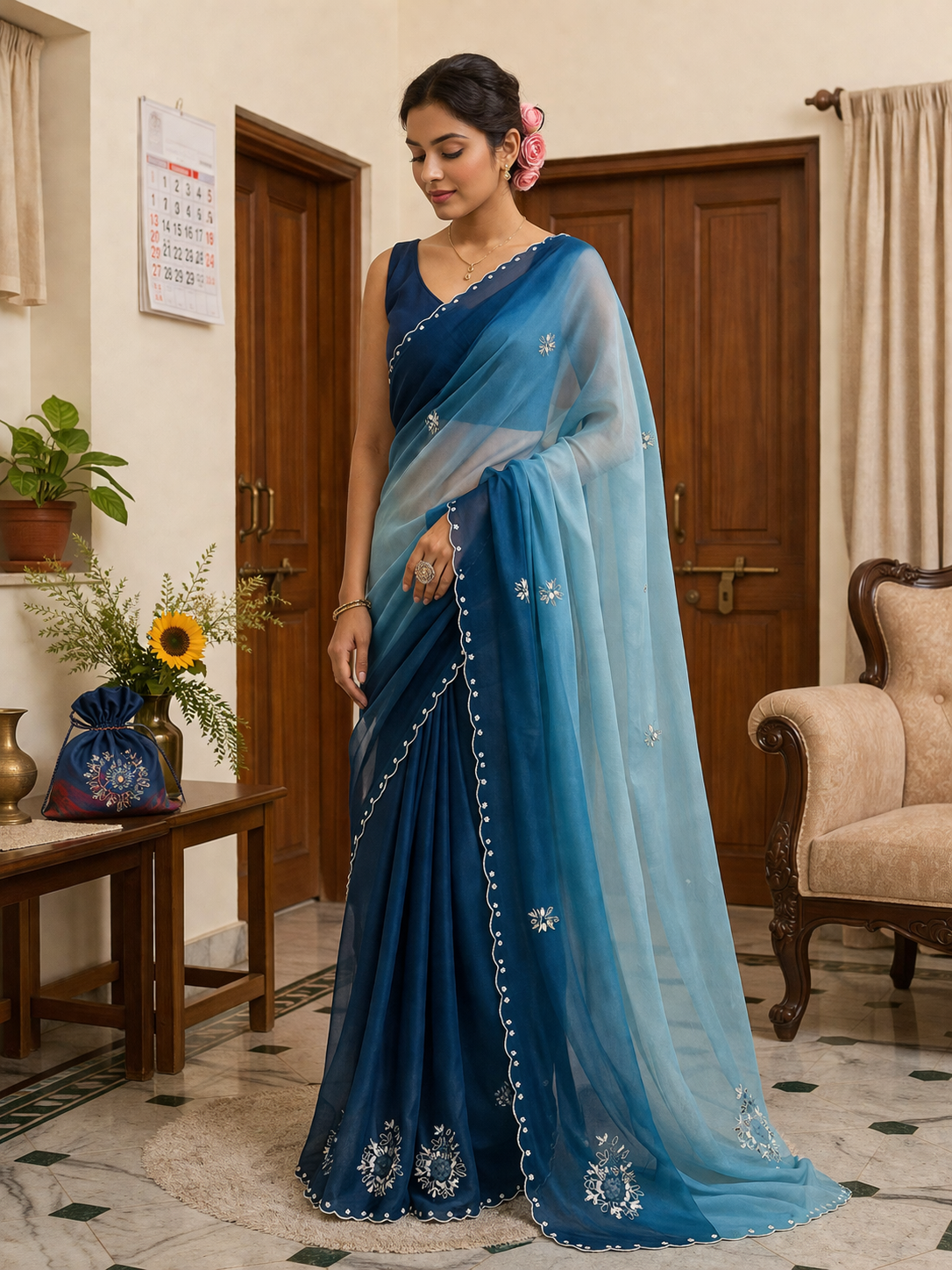 Vrinda Designer Organza Saree With Handwork Butties & Cutdana Border