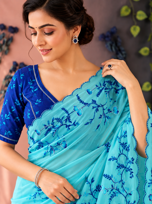 Radhika Teby Silk Saree with Digital Floral Print, Khatli & Cutdana Work
