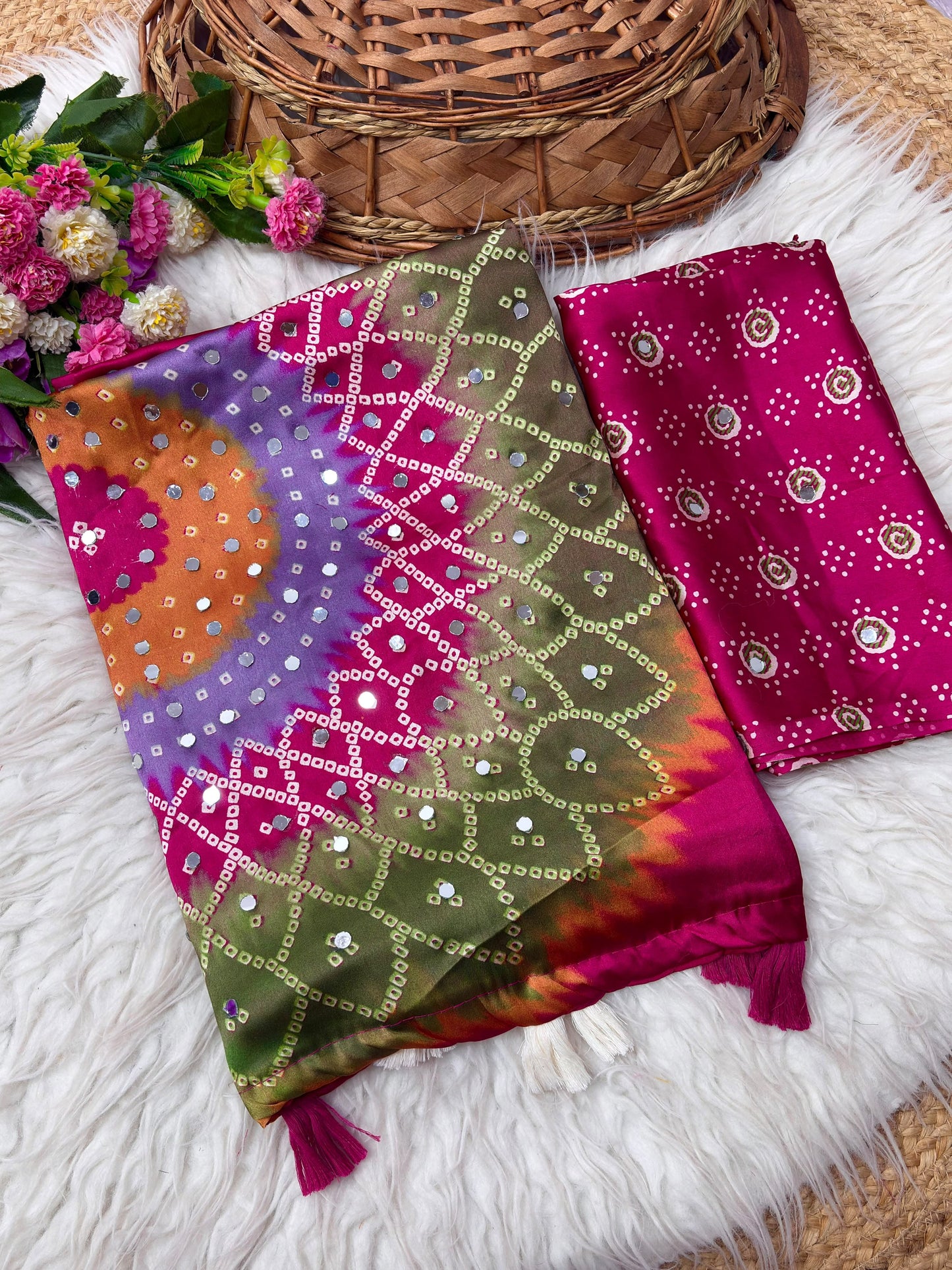 Premium Japan Satin Mirror Work Saree with Tassel Pallu