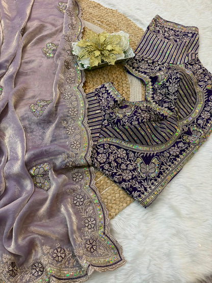 Sabyasachi Inspired Space Silk Saree with Butterfly Embroidery & Stitched Blouse