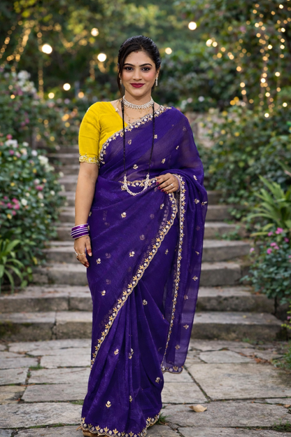 Moss Chiffon Saree with Zari Embroidery Handwork & Cut Work Border