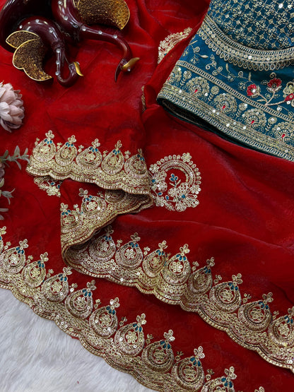Designer Soft Space Silk Saree with Heavy Embroidered Blouse
