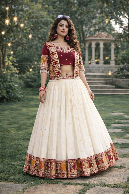 Designer Festival Lehenga Choli with Embroidered Koti – Pure Vichitra Fabric