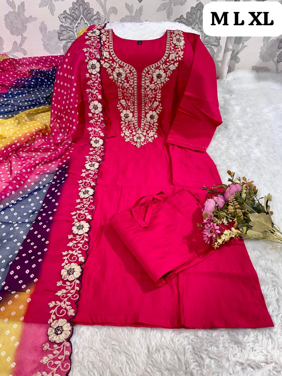 Designer Roman Silk Kurti Pant Set with Gota Patti Embroidery & Lehariya Dupatta