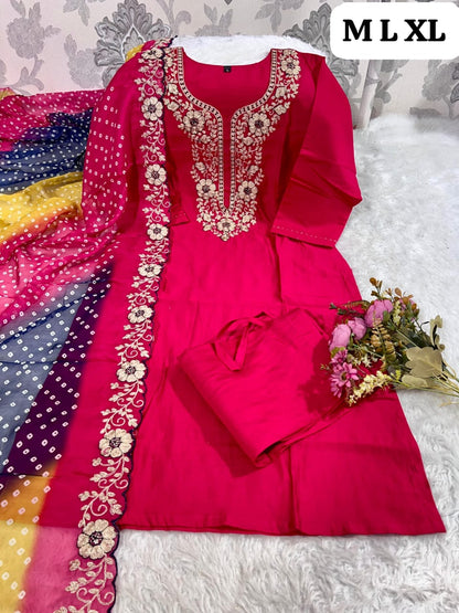 Designer Roman Silk Kurti Pant Set with Gota Patti Embroidery & Lehariya Dupatta