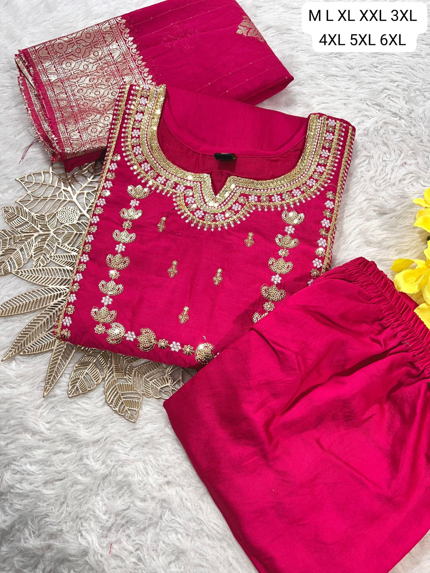 Premium Roman Silk Embroidered Kurti Pant Dupatta Set (M–6XL)