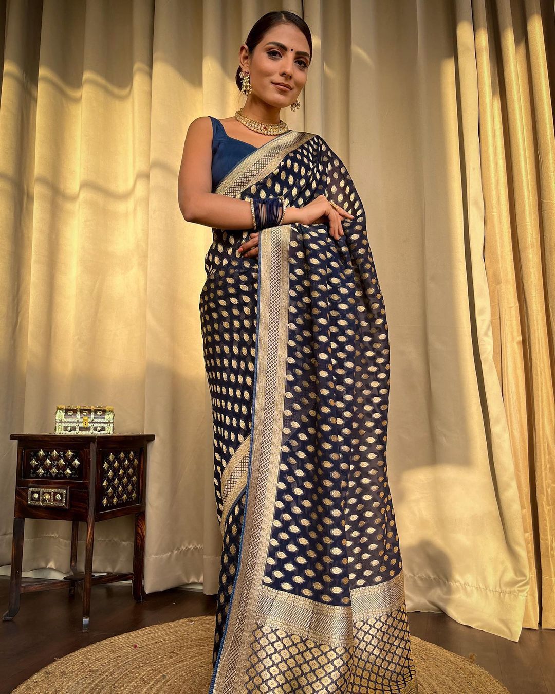 Navy Blue Gold Buti Saree