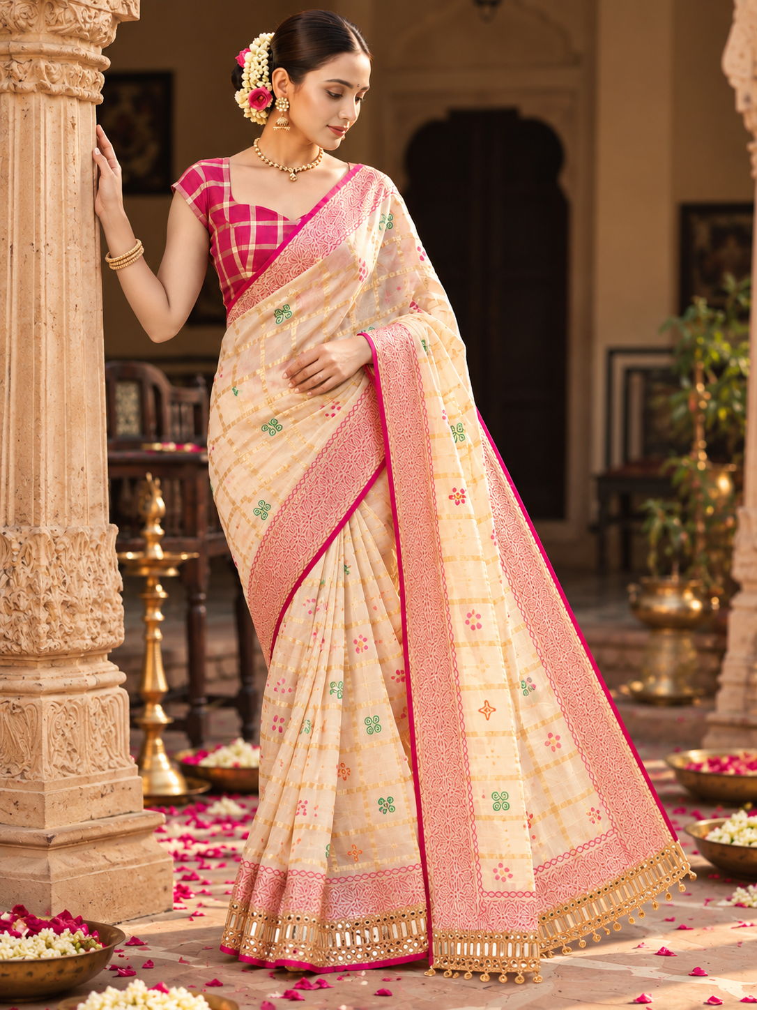 Premium Soft Viscose Checks Weaving Saree with Heavy Mirror Work Border & Unstitched Blouse