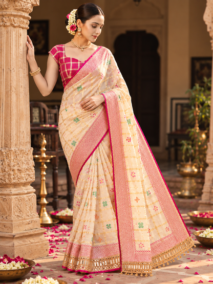 Premium Soft Viscose Checks Weaving Saree with Heavy Mirror Work Border & Unstitched Blouse