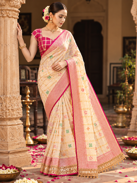 Premium Soft Viscose Checks Weaving Saree with Heavy Mirror Work Border & Unstitched Blouse