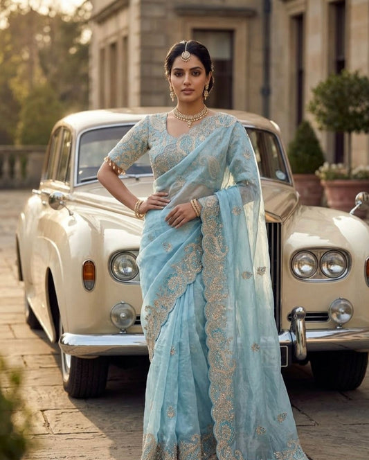 Elegant Crystal Crush Tissue Saree – Designer Embroidered Party Wear