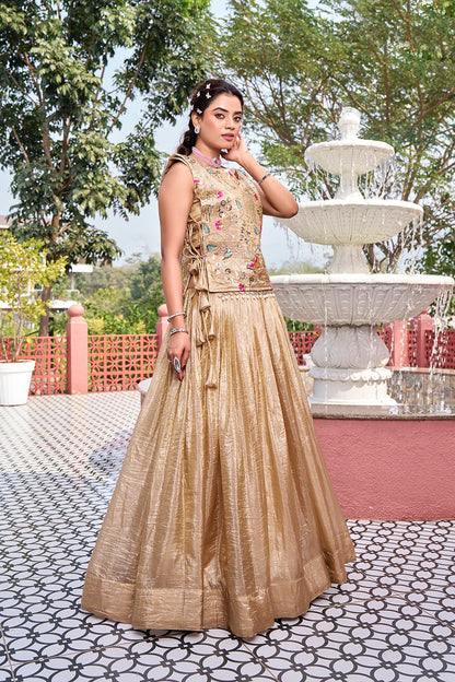 Pure Gold Crush Wedding Lehenga Choli with Embroidered Shrug | Heavy Sequence Work | Fully Stitched
